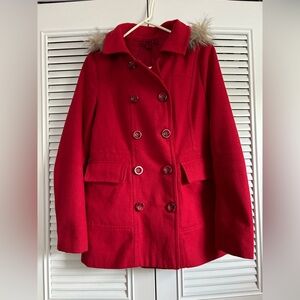 Women’s Red Double Breasted Peacoat with faux Fur Trimmed Hood